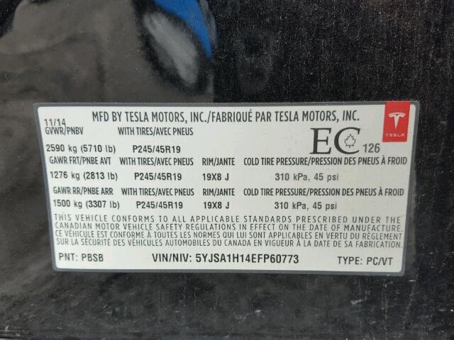 5YJSA1H14EFP60773 - 2014 TESLA MODEL S BLACK photo 10