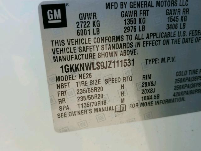 1GKKNWLS9JZ111531 - 2018 GMC ACADIA SLT 白色 照片 10