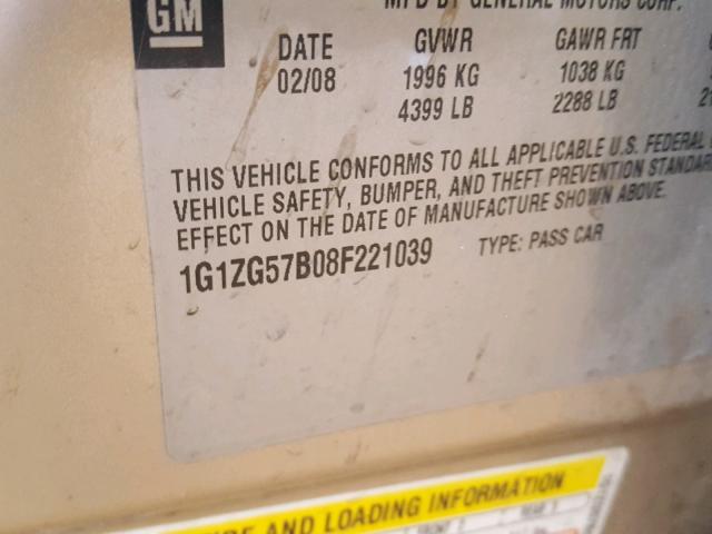 1G1ZG57B08F221039 - 2008 CHEVROLET MALIBU LS TAN photo 10