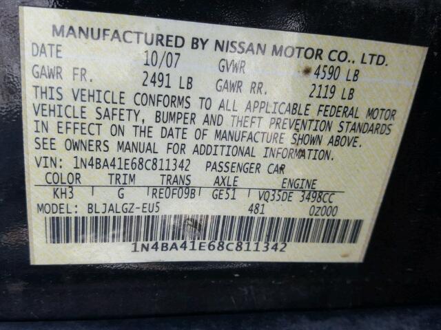 1N4BA41E68C811342 - 2008 NISSAN MAXIMA SE BLACK photo 10