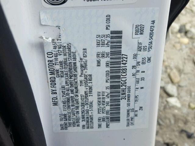 3LNHL2GC1CR814227 - 2012 LINCOLN MKZ Blanco foto 10