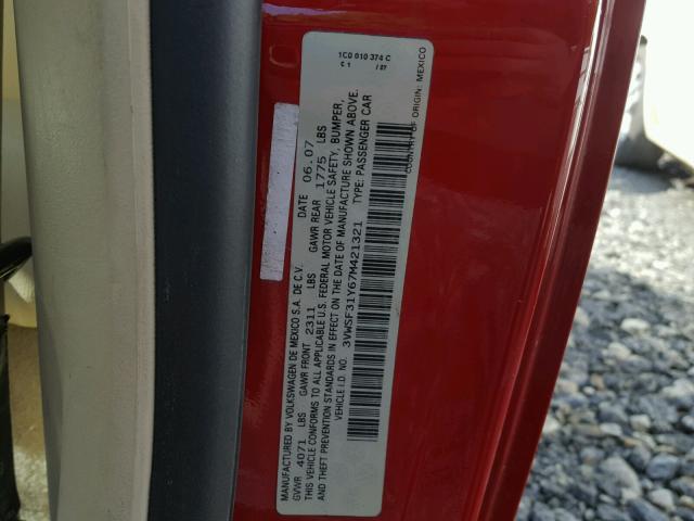 3VWSF31Y67M421321 - 2007 VOLKSWAGEN NEW BEETLE წითელი ფოტო 10