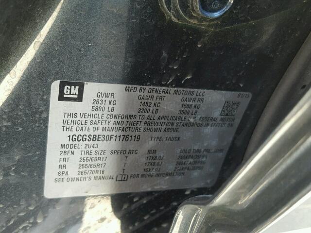 1GCGSBE30F1176119 - 2015 CHEVROLET COLORADO L GRAY photo 10