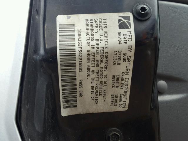 1G8AJ52F54Z215823 - 2004 SATURN ION LEVEL SILVER photo 10