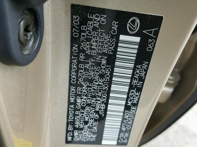 JTHBF30G130150451 - 2003 LEXUS ES 300 GOLD photo 10