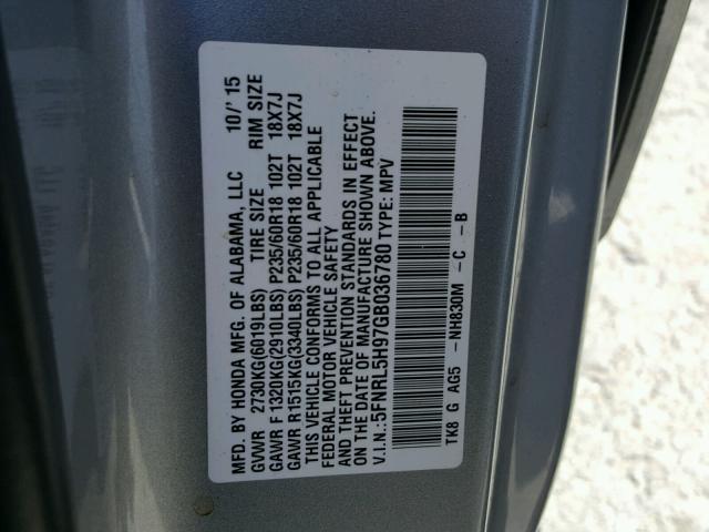 5FNRL5H97GB036780 - 2016 HONDA ODYSSEY TO GRAY photo 10