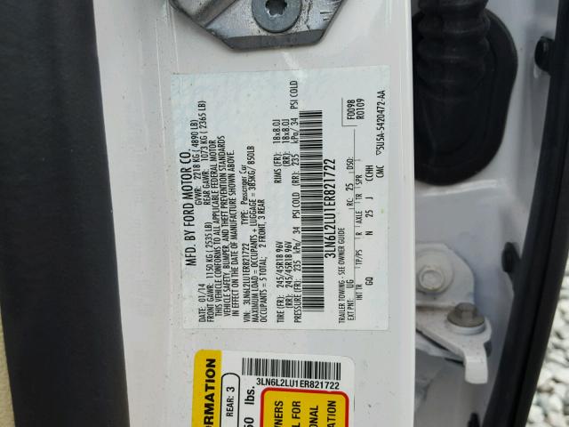 3LN6L2LU1ER821722 - 2014 LINCOLN MKZ HYBRID WHITE photo 10