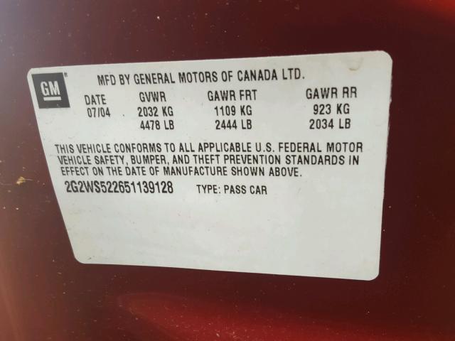 2G2WS522651139128 - 2005 PONTIAC GRAND PRIX RED photo 10