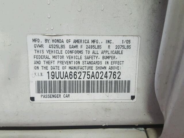 19UUA66275A024762 - 2005 ACURA TL WHITE photo 10