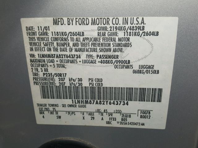 1LNHM87A82Y643734 - 2002 LINCOLN LS 银色 照片 10