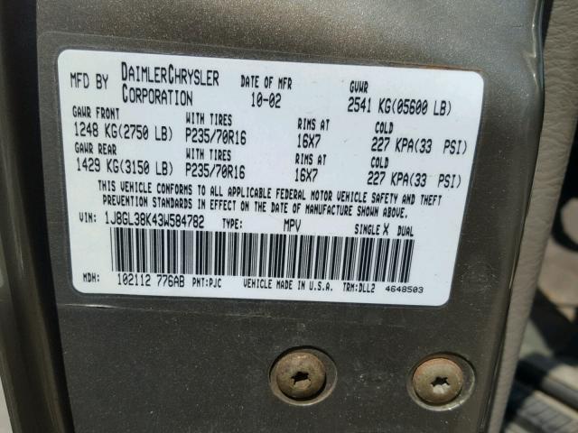 1J8GL38K43W584782 - 2003 JEEP LIBERTY RE 棕色 照片 10