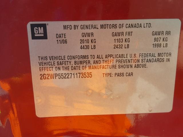 2G2WP552271173535 - 2007 PONTIAC GRAND PRIX RED photo 10