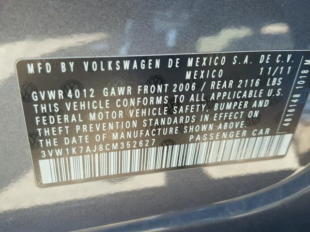 3VW1K7AJ8CM352627 - 2012 VOLKSWAGEN JETTA BASE 灰色 照片 10