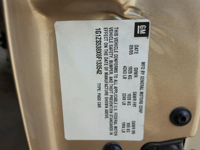 1G1ZS538X6F133542 - 2006 CHEVROLET MALIBU LS 金色 照片 10