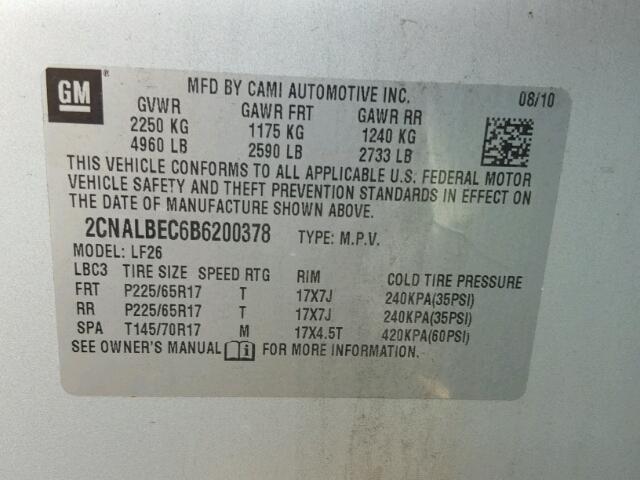 2CNALBEC6B6200378 - 2011 CHEVROLET EQUINOX LS SILVER photo 10