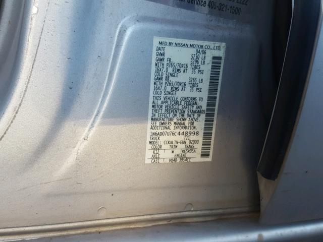 1N6AD07U76C448998 - 2006 NISSAN FRONTIER C SILVER photo 10