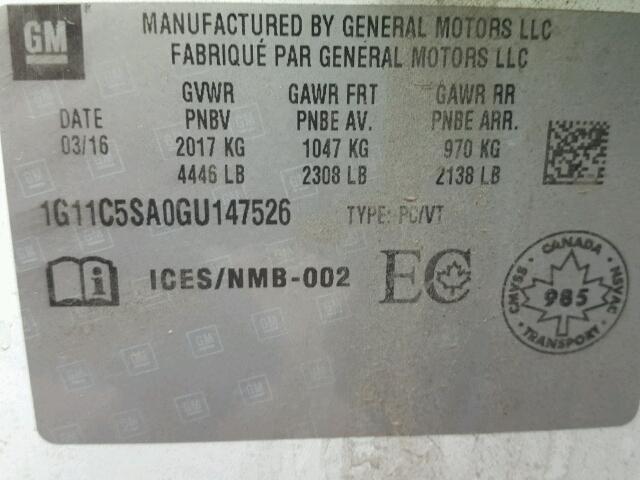 1G11C5SA0GU147526 - 2016 CHEVROLET MALIBU LIM 白色 照片 10