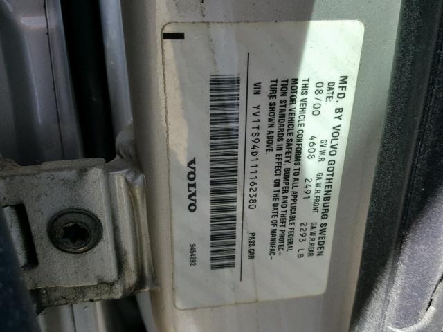 YV1TS94D111162380 - 2001 VOLVO S80 SILVER photo 10