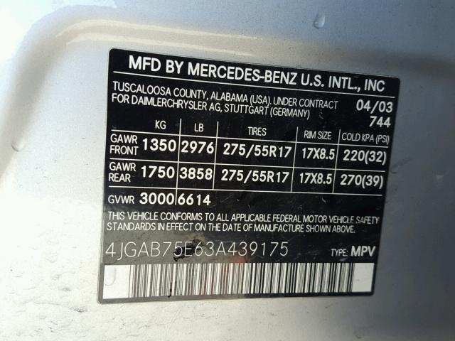 4JGAB75E63A439175 - 2003 MERCEDES-BENZ ML 500 SILVER photo 10