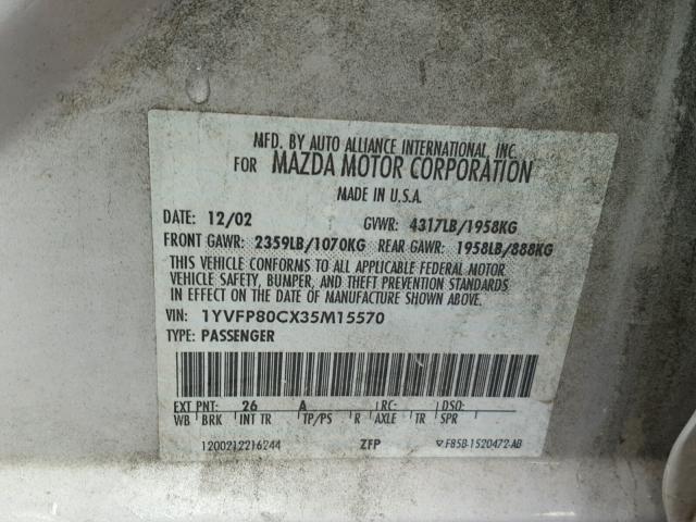1YVFP80CX35M15570 - 2003 MAZDA 6 I Արծաթագույն լուսանկար 10