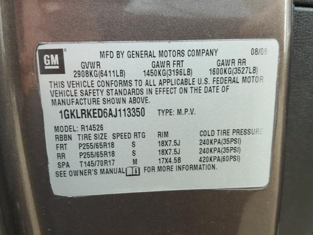 1GKLRKED6AJ113350 - 2010 GMC ACADIA SL BROWN photo 10