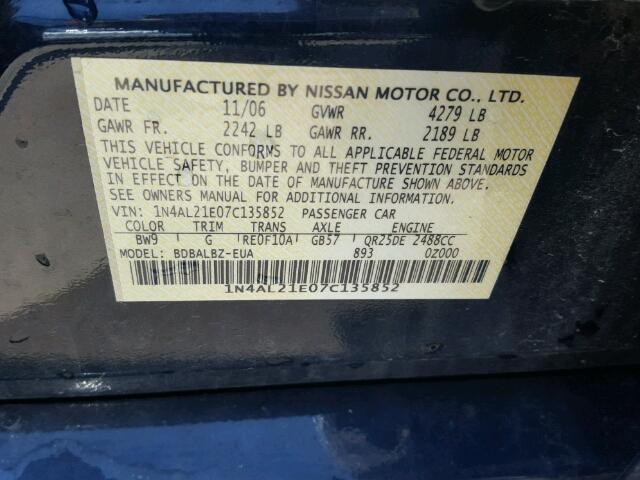 1N4AL21E07C135852 - 2007 NISSAN ALTIMA BLUE photo 10