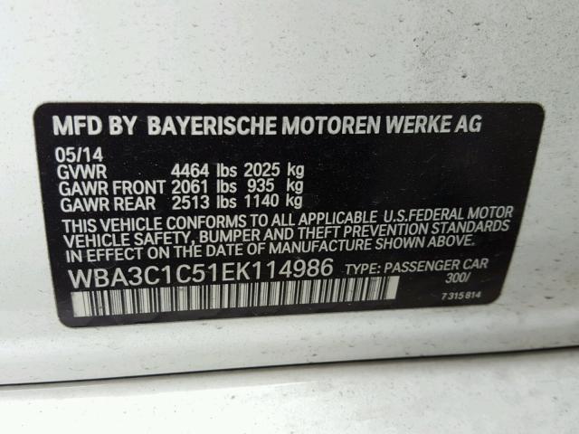 WBA3C1C51EK114986 - 2014 BMW 328 I SULE WHITE photo 10