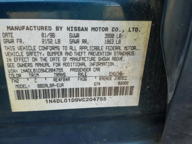 1N4DL01D9WC204755 - 1998 NISSAN ALTIMA XE GREEN photo 10