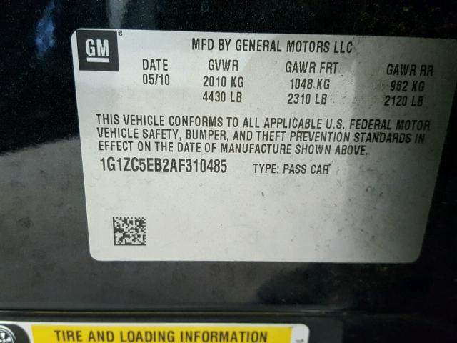 1G1ZC5EB2AF310485 - 2010 CHEVROLET MALIBU 1LT GRAY photo 10