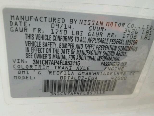 3N1CN7AP4FL853115 - 2015 NISSAN VERSA S WHITE photo 10