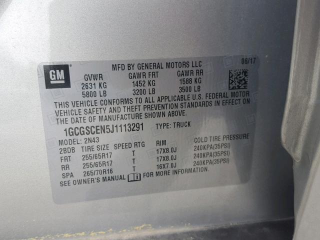 1GCGSCEN5J1113291 - 2018 CHEVROLET COLORADO L SILVER photo 10