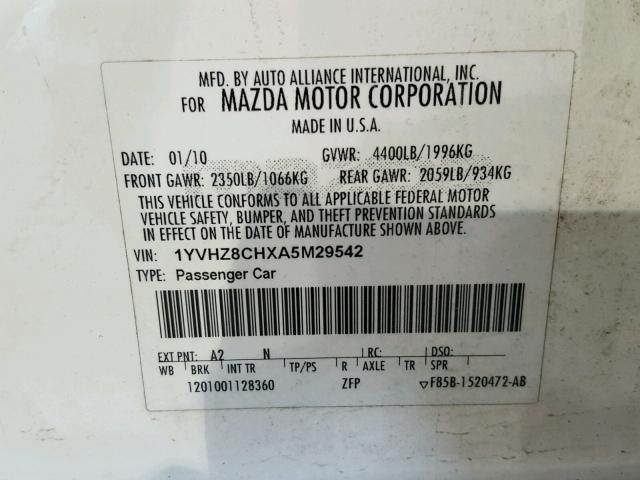 1YVHZ8CHXA5M29542 - 2010 MAZDA 6 I WHITE photo 10