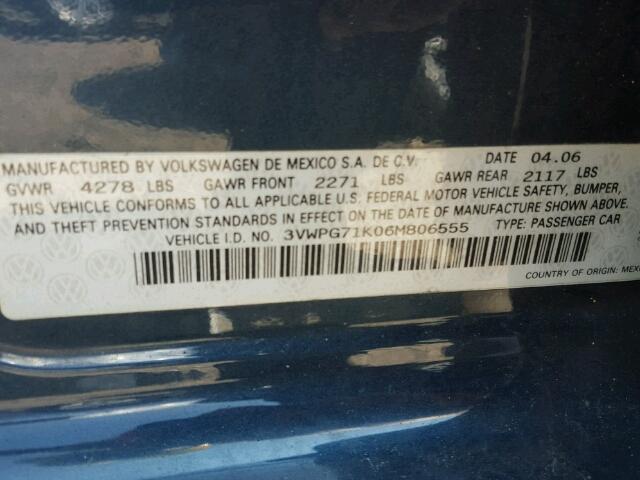 3VWPG71K06M806555 - 2006 VOLKSWAGEN JETTA VALU BLUE photo 10