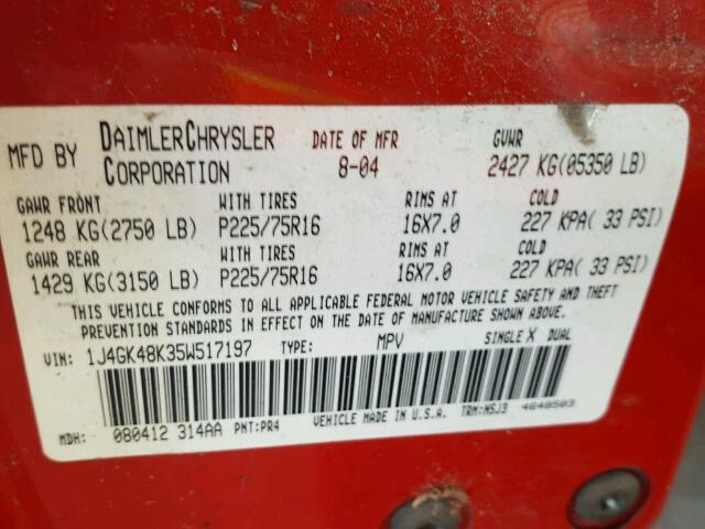 1J4GK48K35W517197 - 2005 JEEP LIBERTY SP RED photo 10