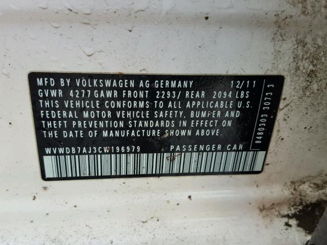 WVWDB7AJ3CW196979 - 2012 VOLKSWAGEN GOLF WHITE photo 10