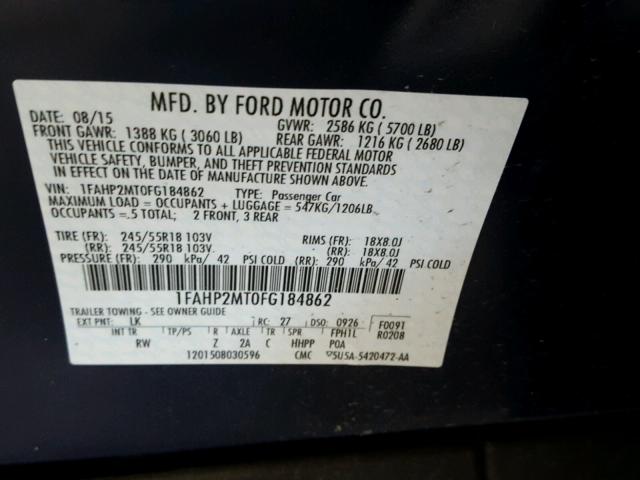 1FAHP2MT0FG184862 - 2015 FORD TAURUS POL BLUE photo 10