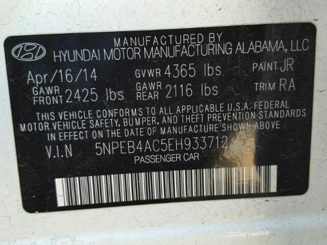 5NPEB4AC5EH933712 - 2014 HYUNDAI SONATA GLS WHITE photo 10