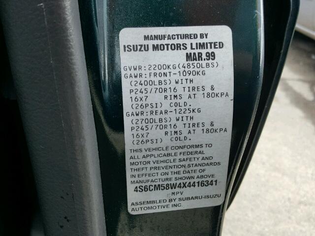 4S6CM58W4X4416341 - 1999 HONDA PASSPORT E GREEN photo 10