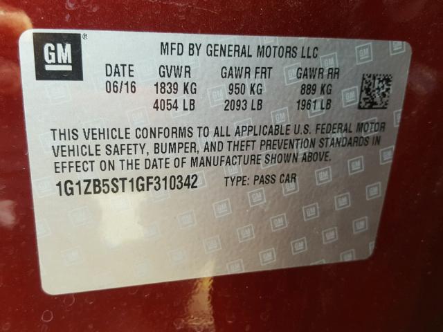 1G1ZB5ST1GF310342 - 2016 CHEVROLET MALIBU LS Bordo foto 10