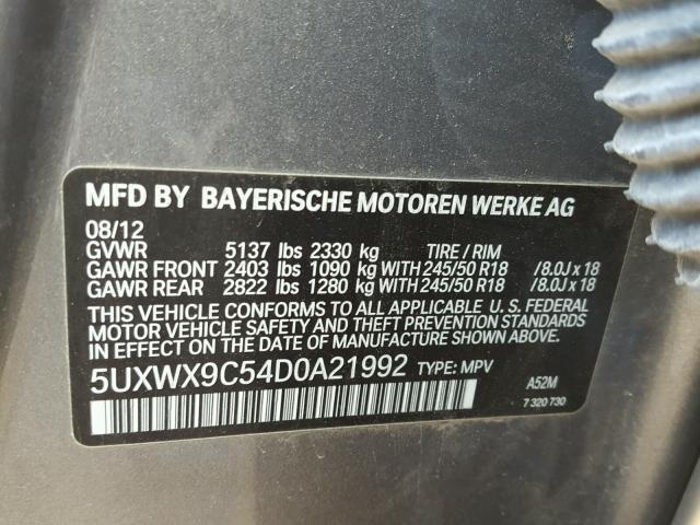 5UXWX9C54D0A21992 - 2013 BMW X3 XDRIVE2 GRAY photo 10