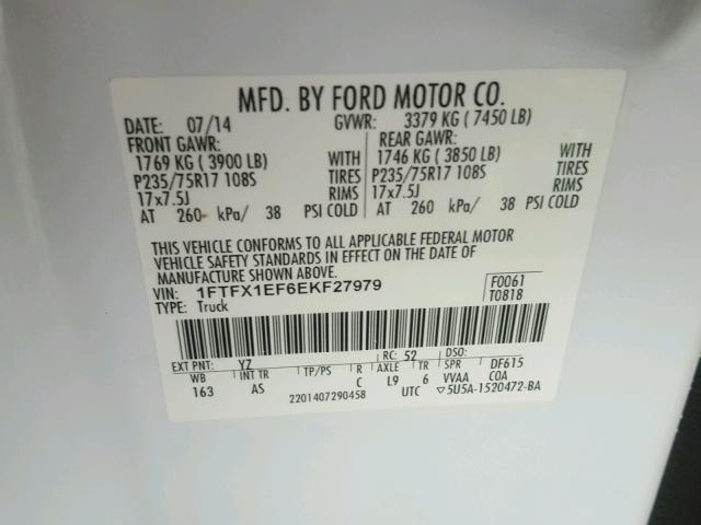 1FTFX1EF6EKF27979 - 2014 FORD F-150 WHITE photo 10