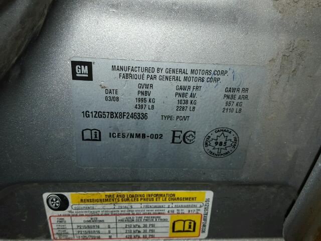 1G1ZG57BX8F246336 - 2008 CHEVROLET MALIBU LS GRAY photo 10