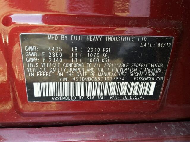 4S3BMBC68C3037874 - 2012 SUBARU LEGACY 2.5 RED photo 10