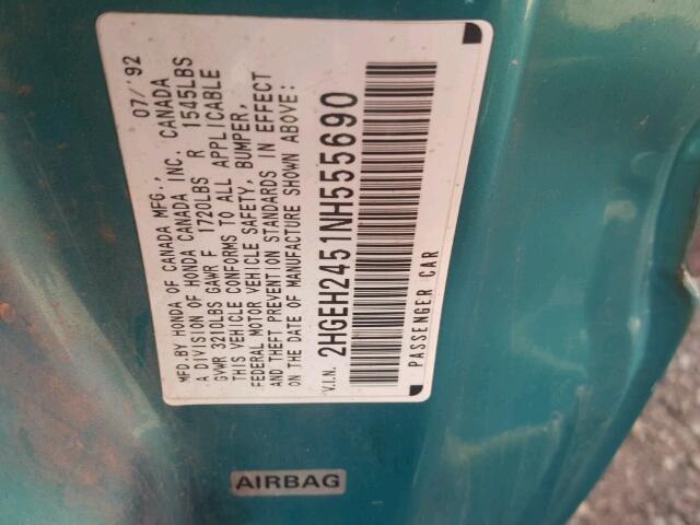 2HGEH2451NH555690 - 1992 HONDA CIVIC DX TEAL photo 10