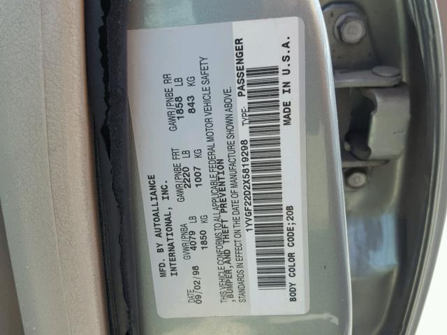 1YVGF22D2X5819298 - 1999 MAZDA 626 ES GRAY photo 10