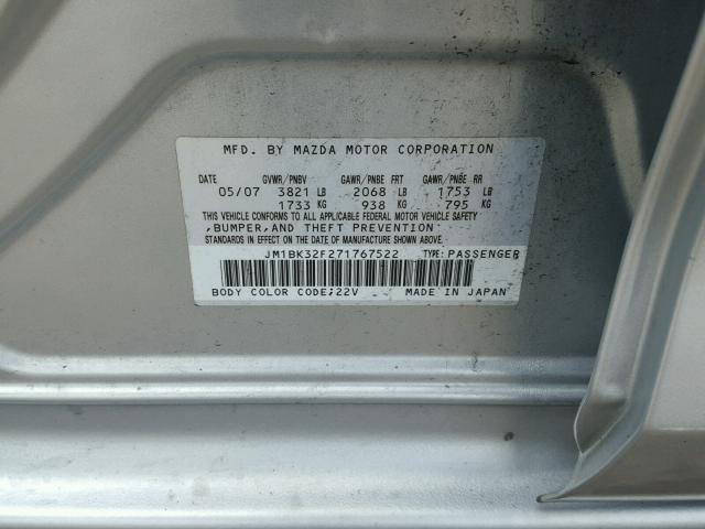 JM1BK32F271767522 - 2007 MAZDA 3 I SILVER photo 10