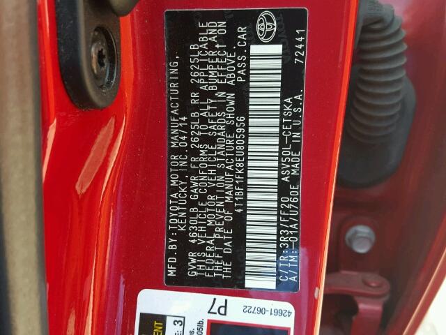 4T1BF1FK8EU805956 - 2014 TOYOTA CAMRY L/SE RED photo 10