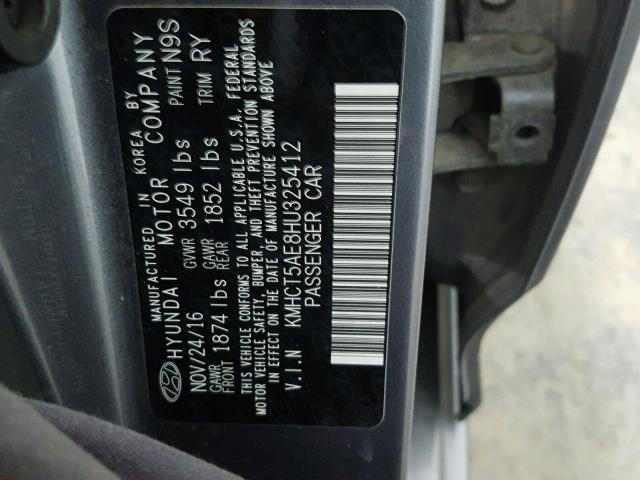 KMHCT5AE8HU325412 - 2017 HYUNDAI ACCENT SE GRAY photo 10