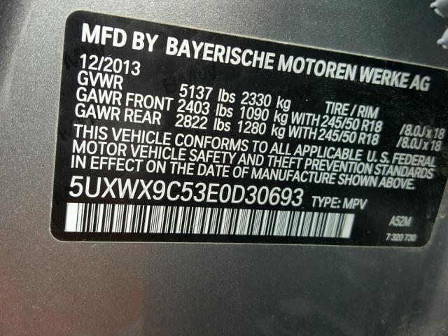 5UXWX9C53E0D30693 - 2014 BMW X3 XDRIVE2 GRAY photo 10