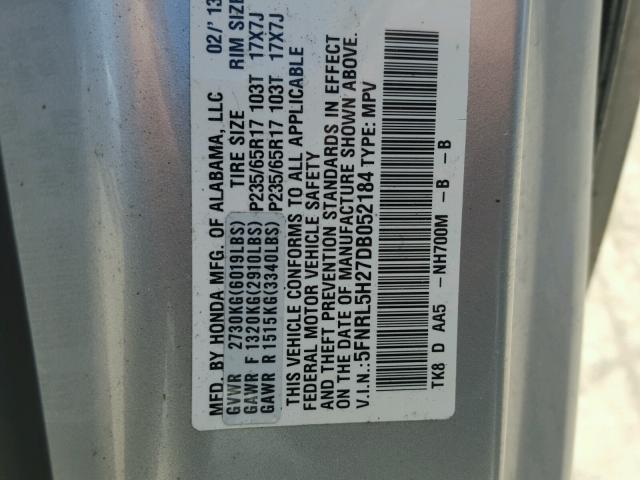 5FNRL5H27DB052184 - 2013 HONDA ODYSSEY LX SILVER photo 10